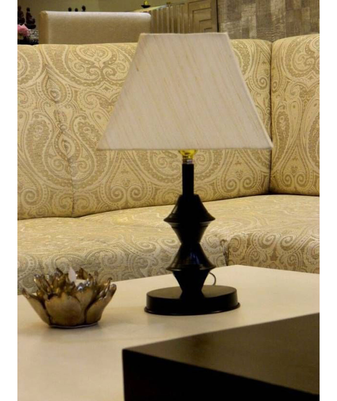 RDC Black Double Ring Stand Table Lamp with 8 Inches Square Cream-Khadi Lamp Shade