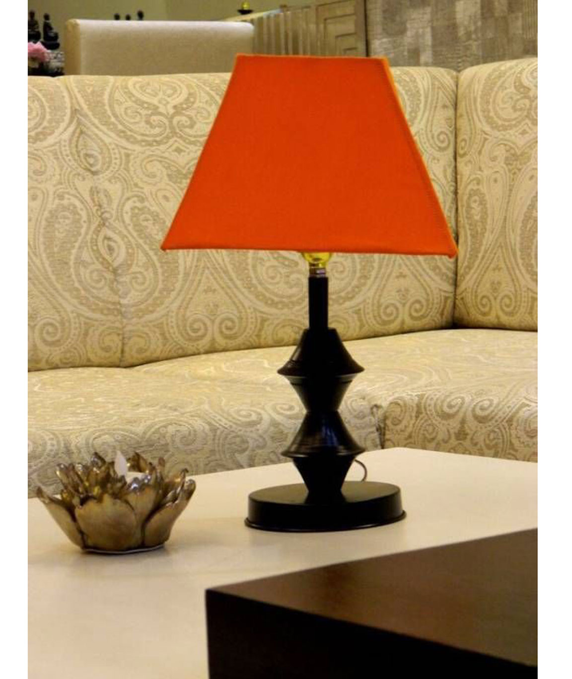 RDC Black Double Ring Stand Table Lamp with 8 Inches Square Plain Orange Lamp Shade