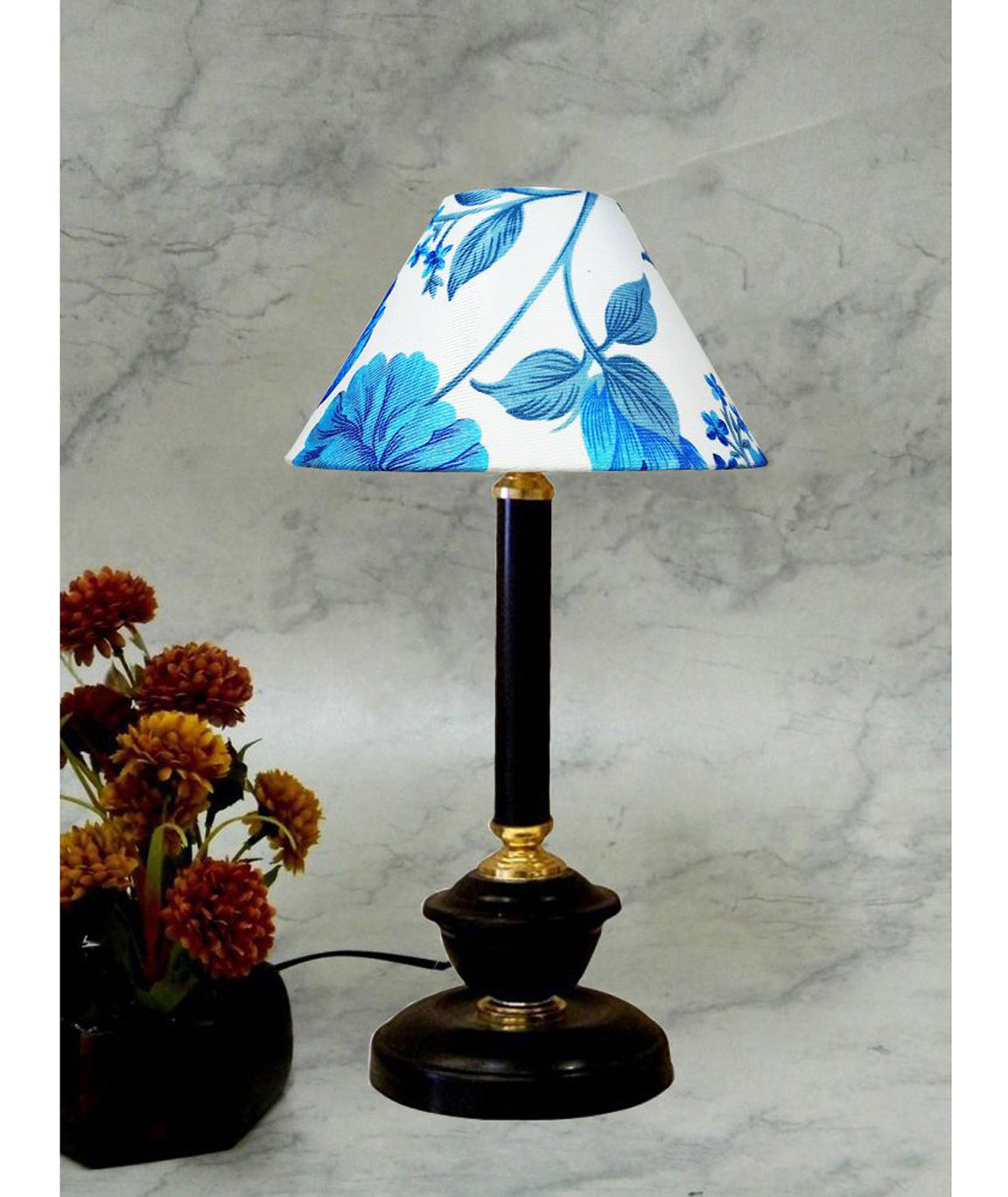 RDC Black Golden Table Lamp with 10 Inches Round Blue White Floral Designer Lamp Shade