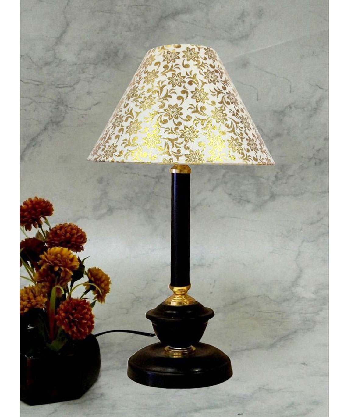 RDC Black Golden Table Lamp with 10 Inches Round Cream Golden Designer Lamp Shade