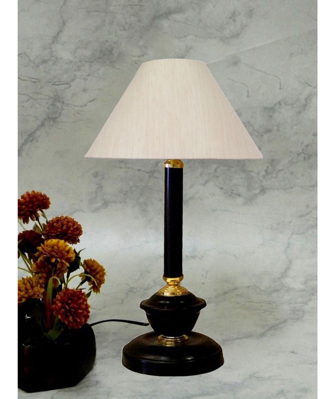 RDC Black Golden Table Lamp with 10 Inches Round Cream-khadi Lamp Shade