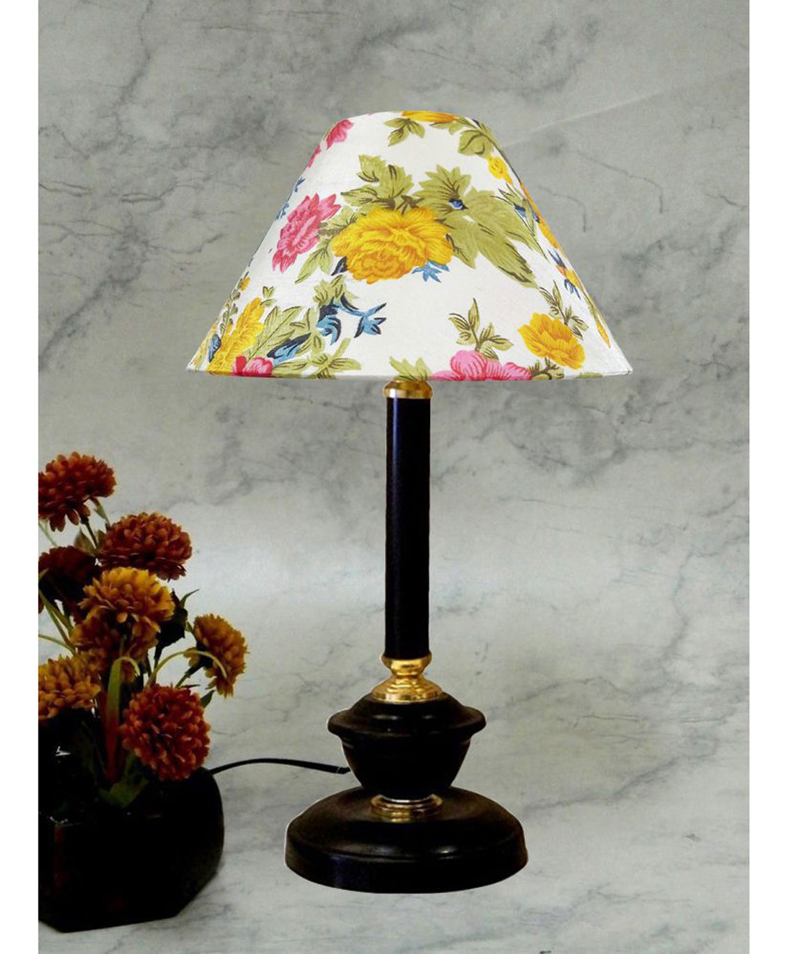 RDC Black Golden Table Lamp with 10 Inches Round Multi-colour Floral Designer Lamp Shade