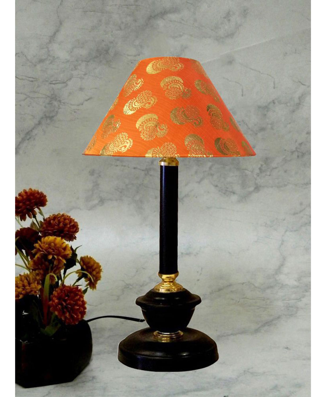 RDC Black Golden Table Lamp with 10 Inches Round Orange Golden Designer Lamp Shade