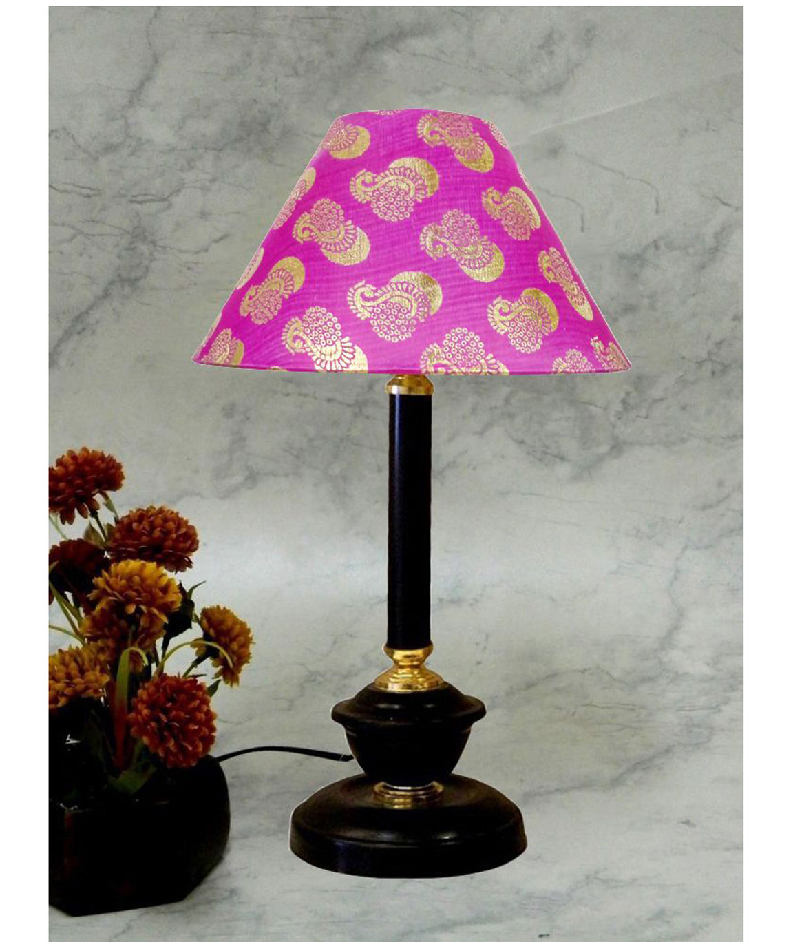 RDC Black Golden Table Lamp with 10 Inches Round Pink Golden Designer Lamp Shade