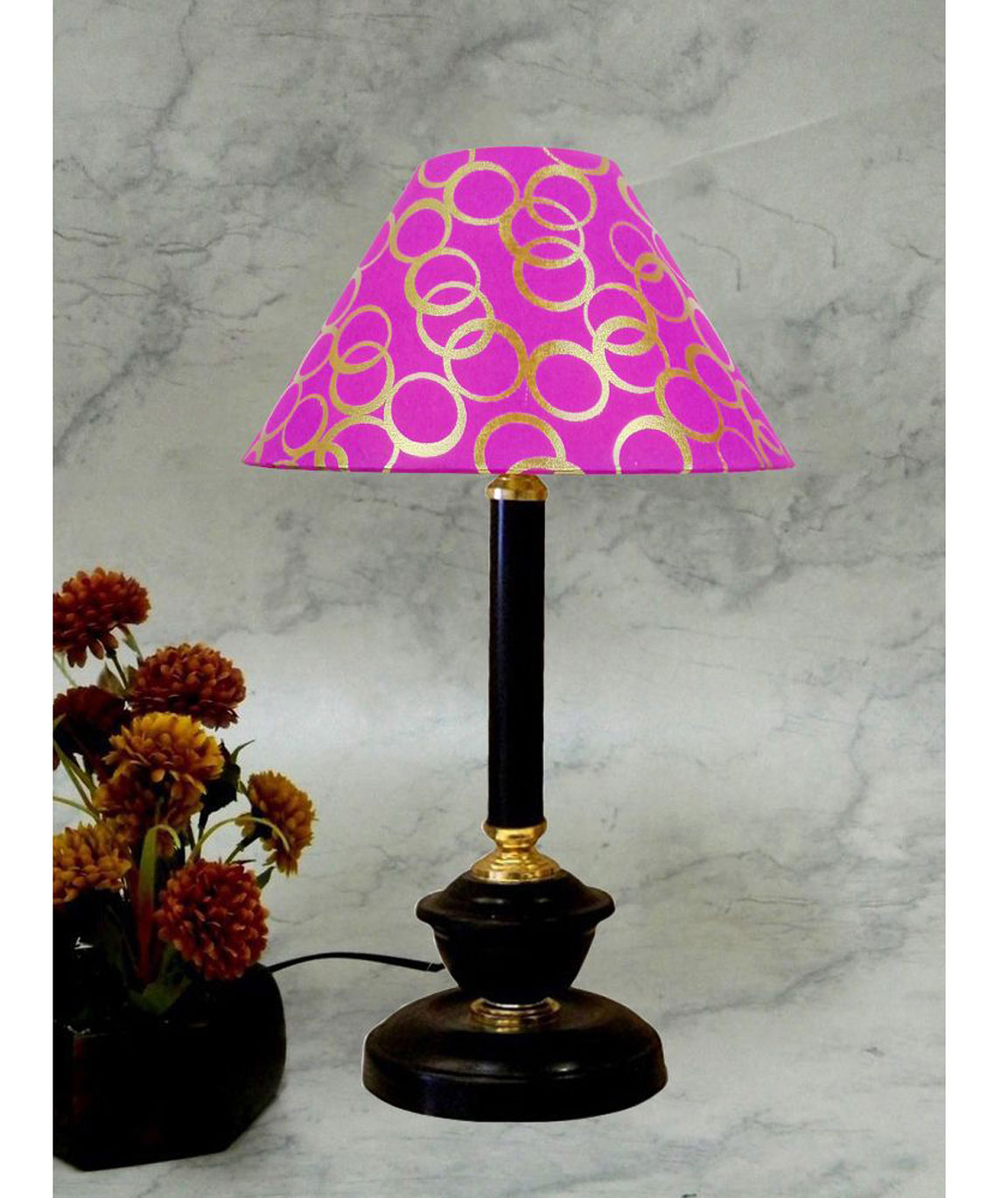RDC Black Golden Table Lamp with 10 Inches Round Pink Golden Polka Dots Designer Lamp Shade