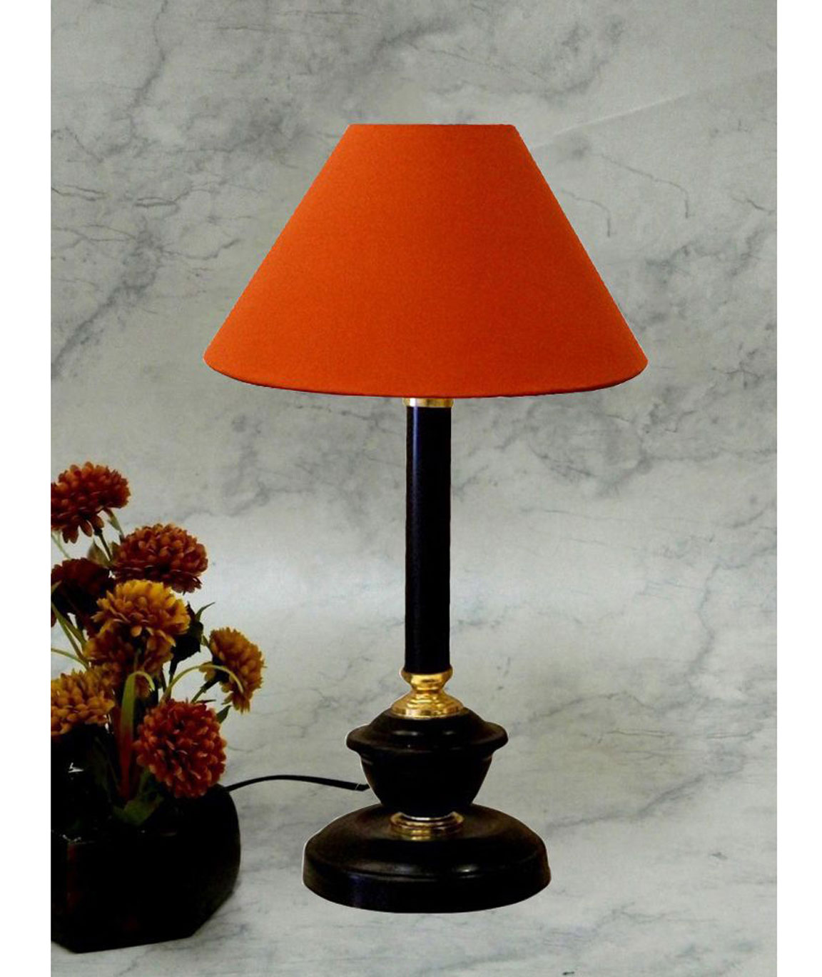 RDC Black Golden Table Lamp with 10 Inches Round Plain Rust-coloured Lamp Shade