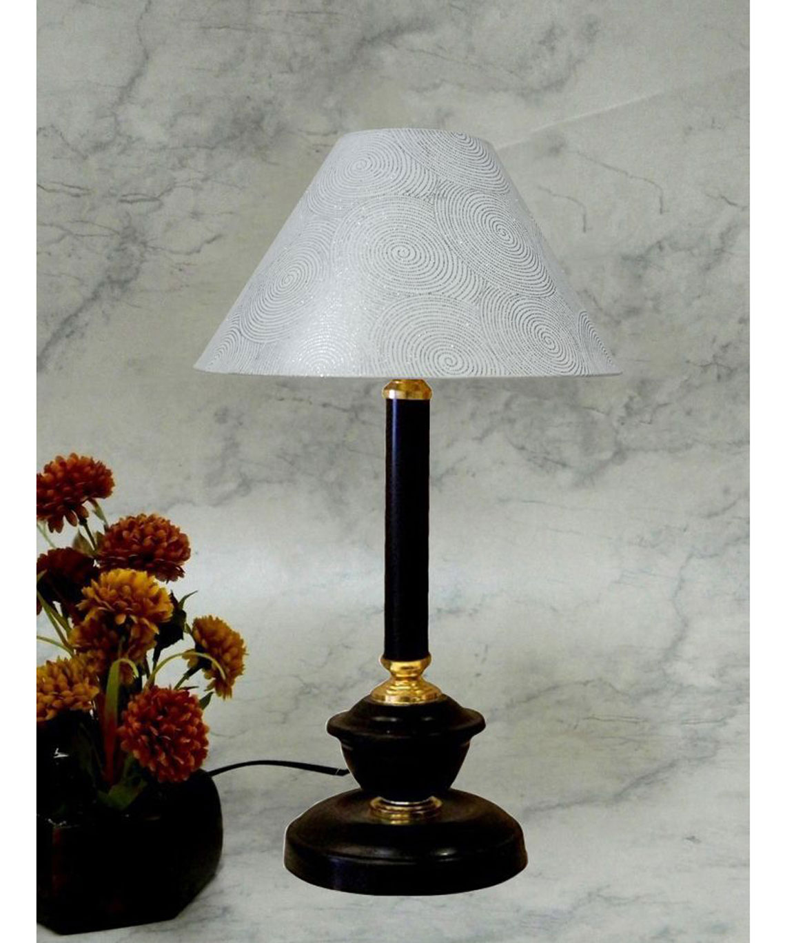 RDC Black Golden Table Lamp with 10 Inches Round White Silver Polka Dots Designer Lamp Shade