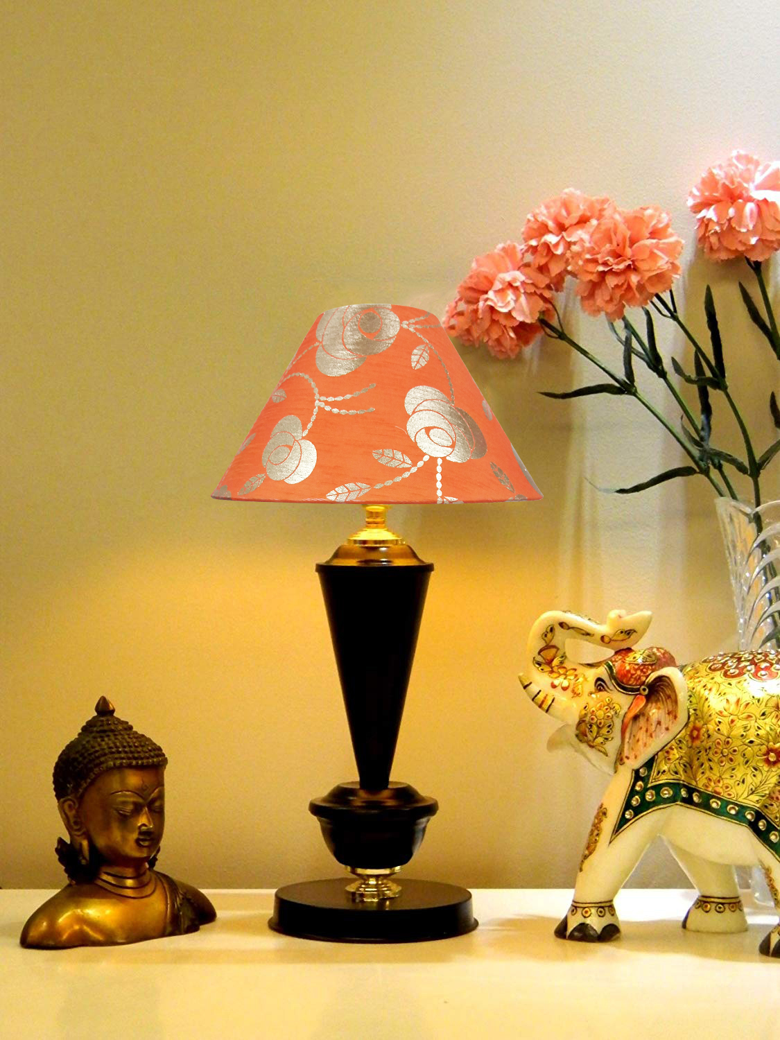 RDC Black with Golden Base Table Lamp with 10 Inches Round Orange Golden Floral Designer Lamp Shade