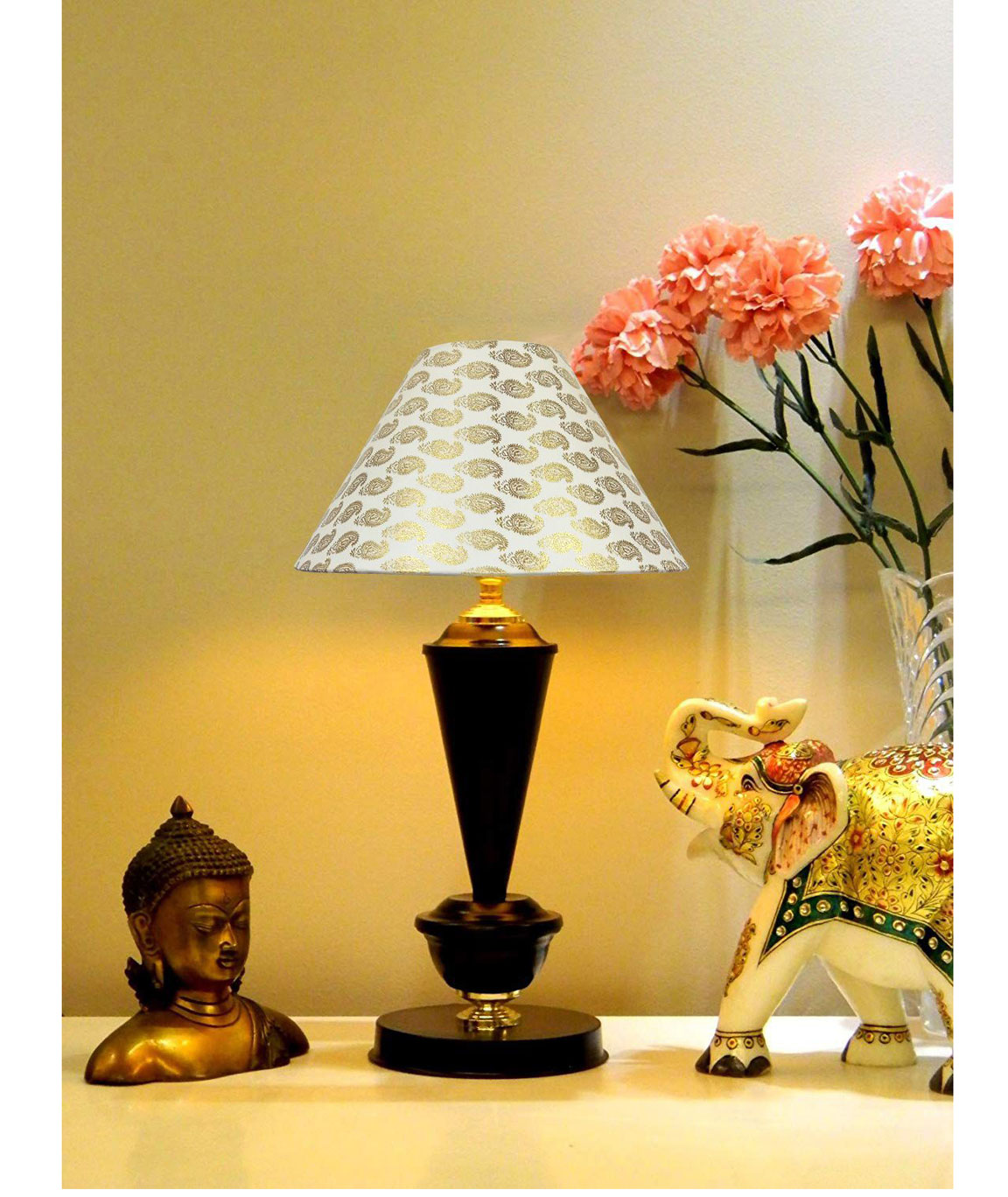 RDC Black with Golden Base Table Lamp with 10 Inches Round Cream Golden Designer Lamp Shade