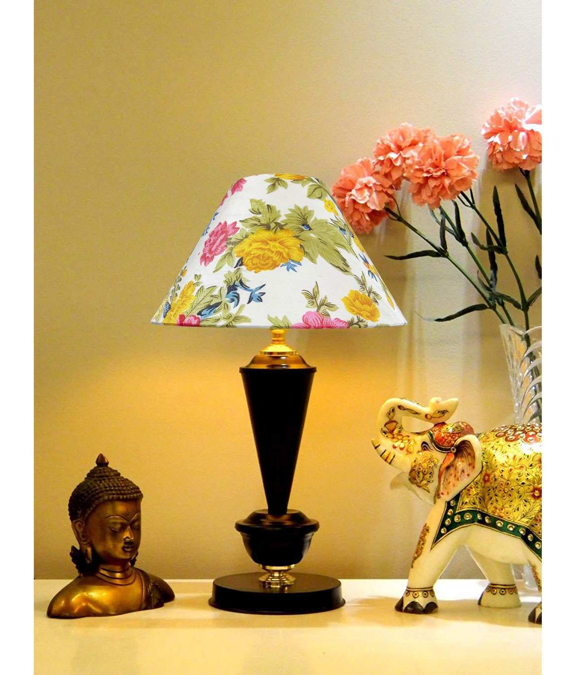 RDC Black with Golden Base Table Lamp with 10 Inches Round Multi-colour Floral Designer Lamp Shade