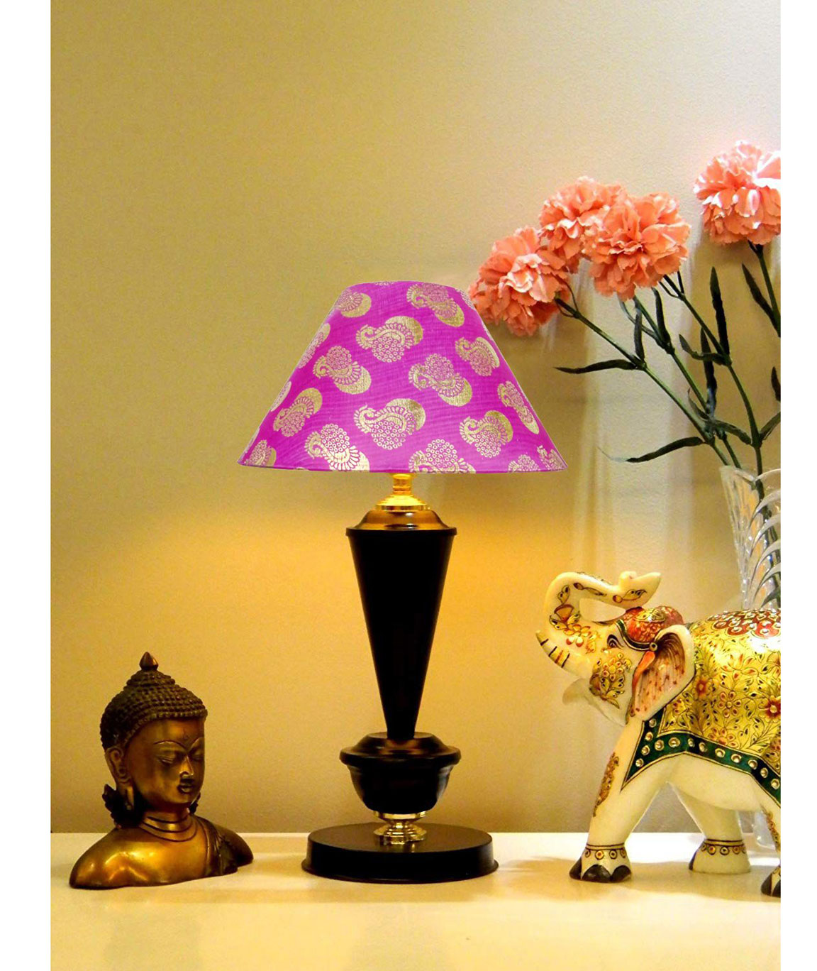 RDC Black with Golden Base Table Lamp with 10 Inches Round Pink Golden Designer Lamp Shade