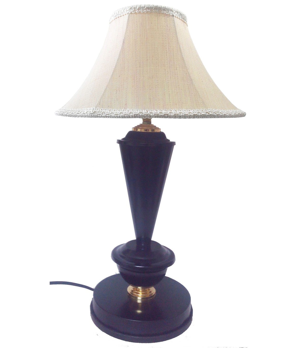 RDC Black with Golden Base Table Lamp with 10 Inches Round Slanting Cream-Khadi with Lace Border Lamp Shade