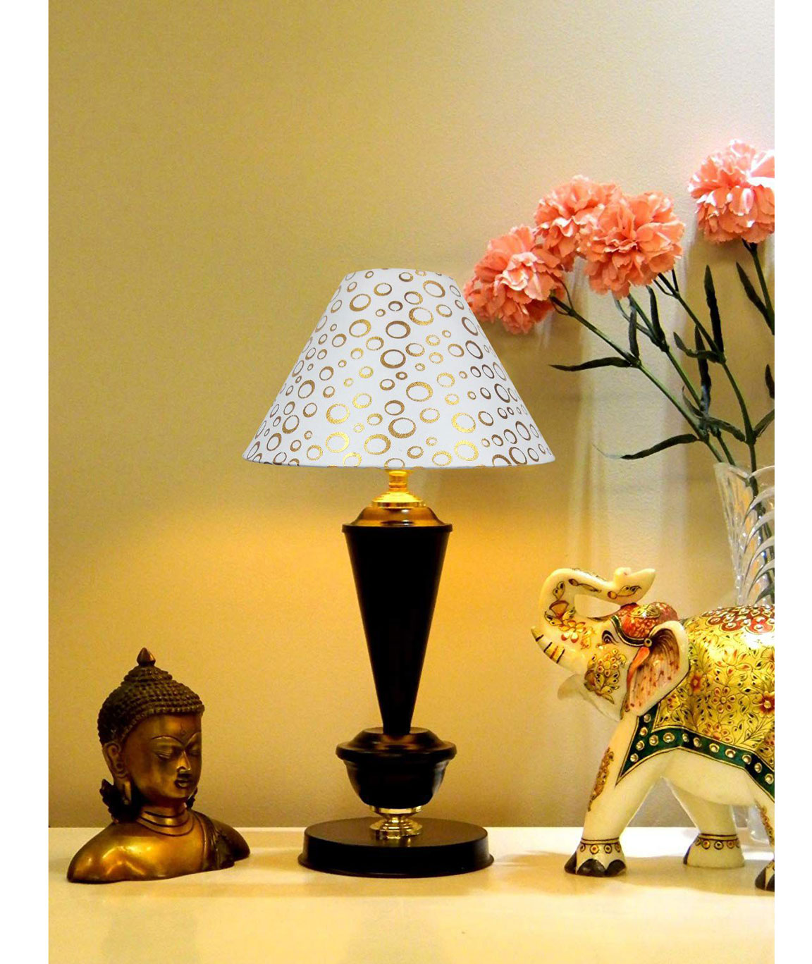 RDC Black with Golden Base Table Lamp with 10 Inches Round White with Golden Polka Dots Designer Lamp Shade