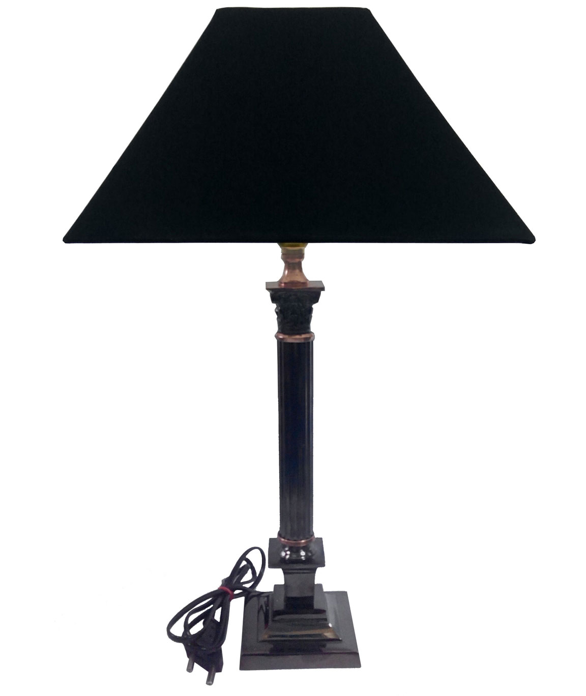 RDC Brass Ashoka Dark Brown Table Lamp with 10 Inches Square Plain Black Lamp Shade