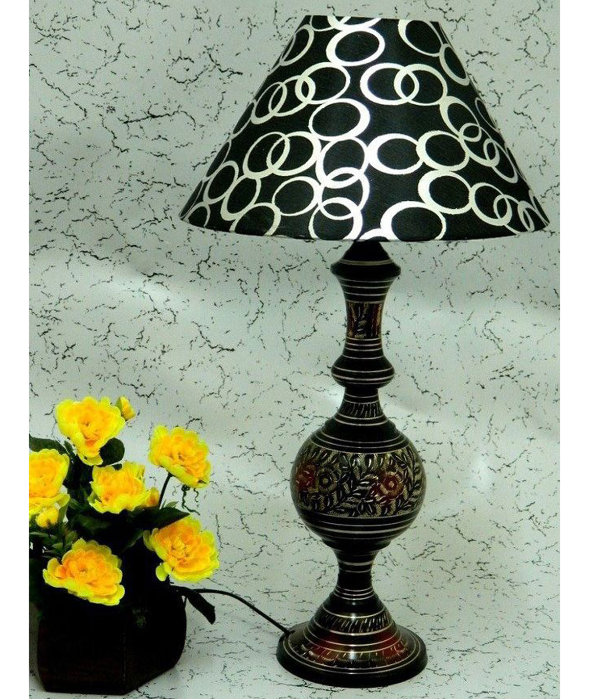 RDC Brass Hand Carved Table Lamp with 10 Inches Round Black with Silver Polka Dots Designer Lamp Shade
