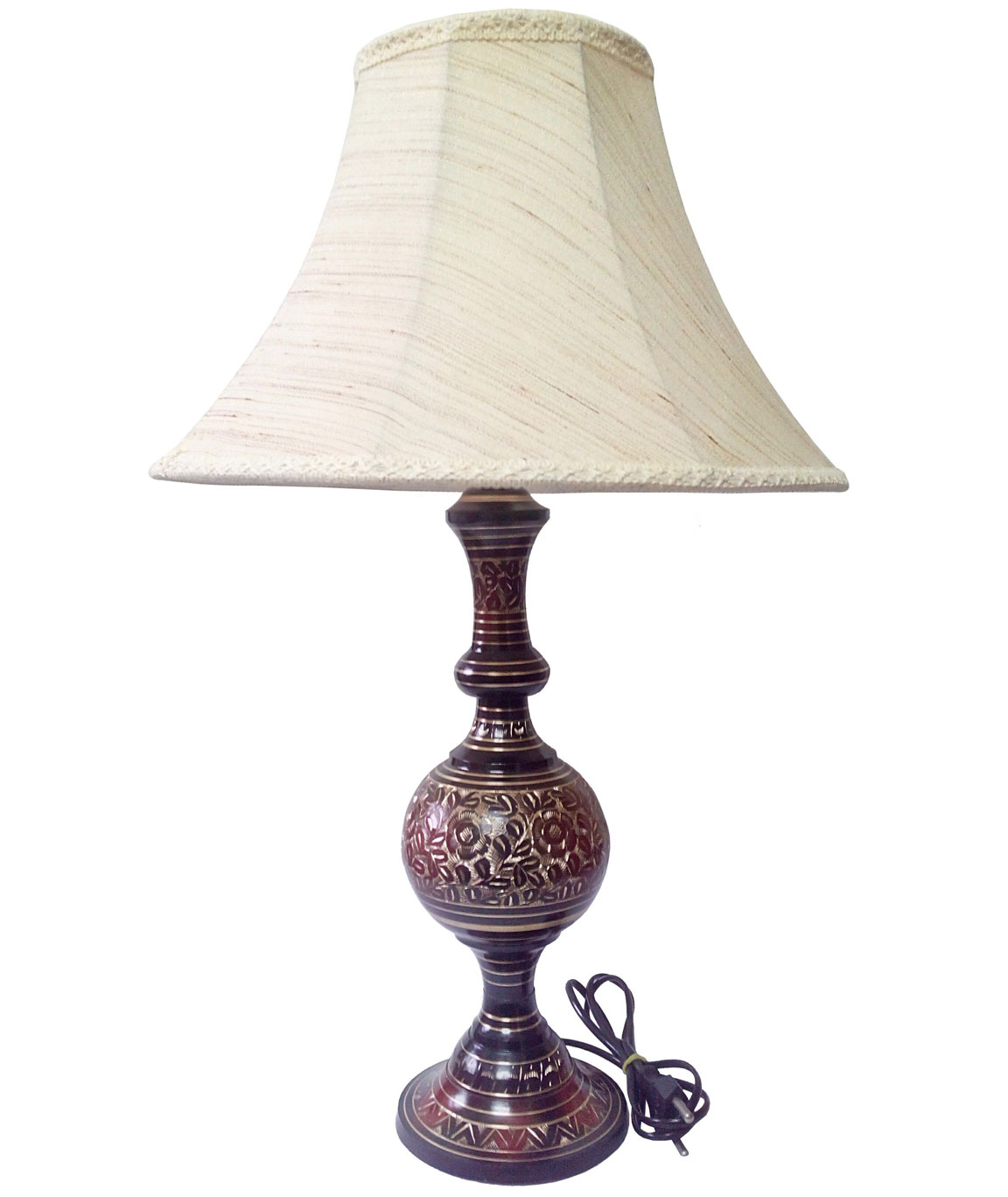 RDC Brass Hand Carved Table Lamp with 12 Inches Round Slanting Cream-khadi with Lace Border Lamp Shade