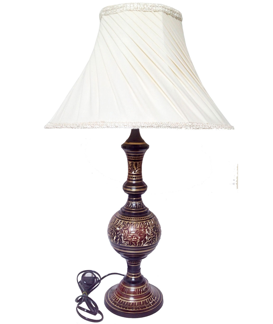 RDC Brass Hand Carved Table Lamp with 12 Inches Round Slanting Pleated Cream with Lace Border Lamp Shade