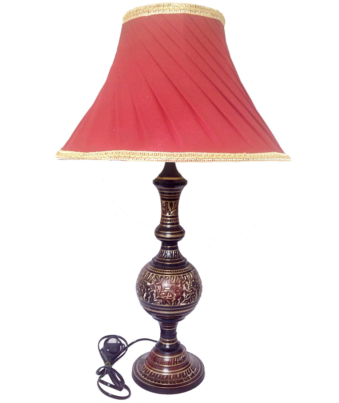RDC Brass Hand Carved Table Lamp with 12 Inches Round Slanting Pleated Red with Golden Lace Border Lamp Shade