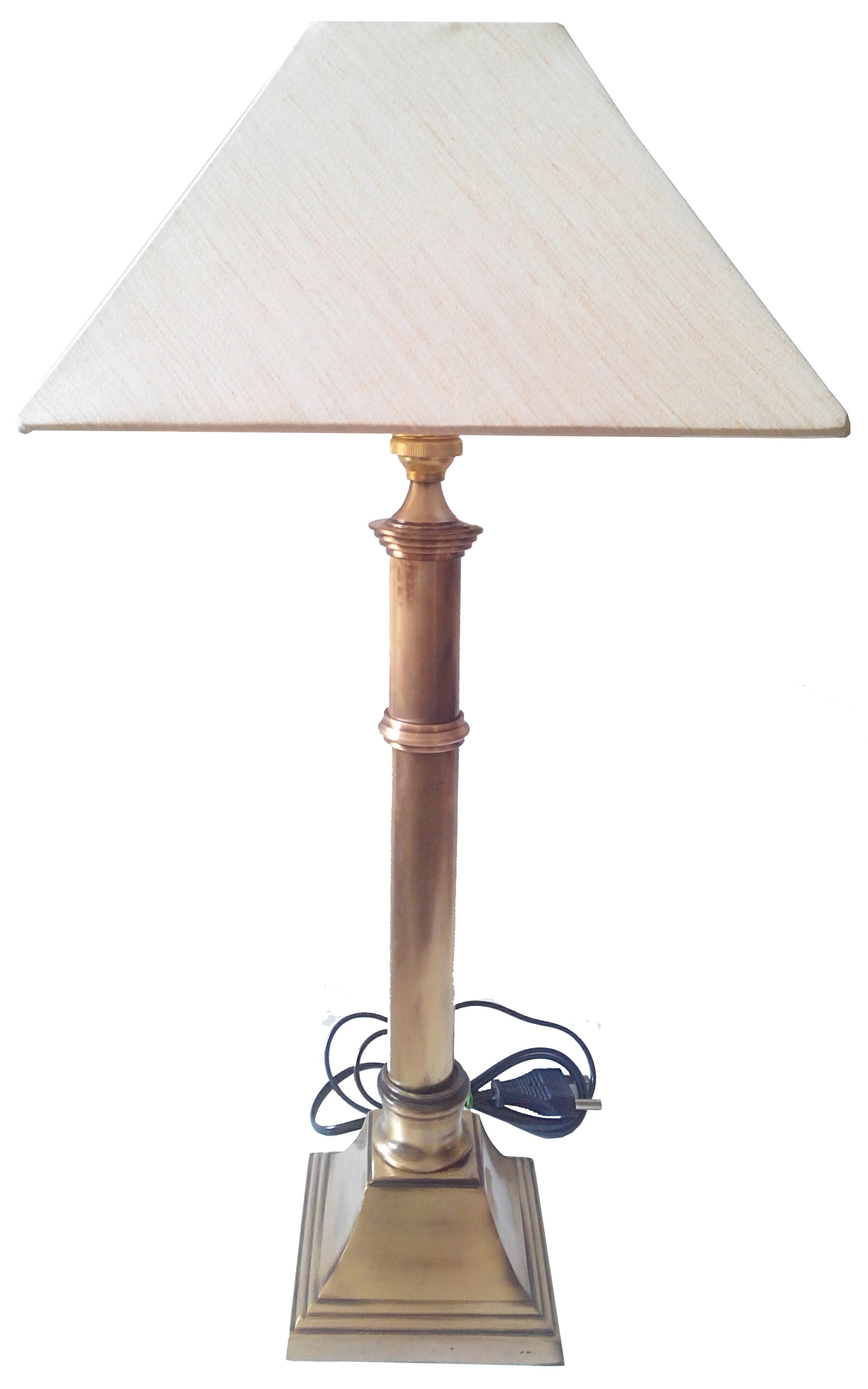 RDC Brass Plain Pillar  Table Lamp with 10 Inches Square Cream-khadi Lamp Shade