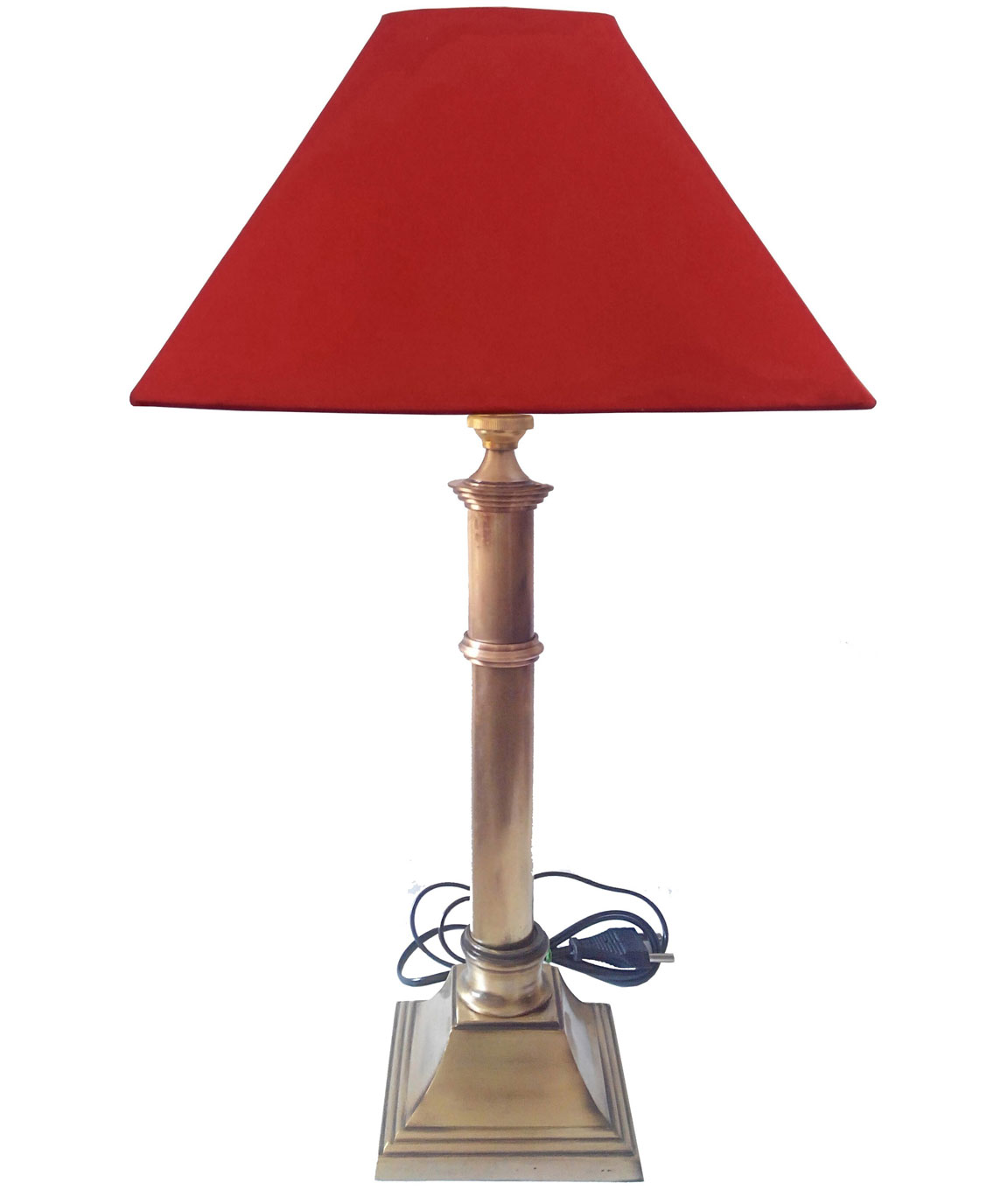 RDC Brass Plain Pillar  Table Lamp with 10 Inches Square Plain Red Lamp Shade