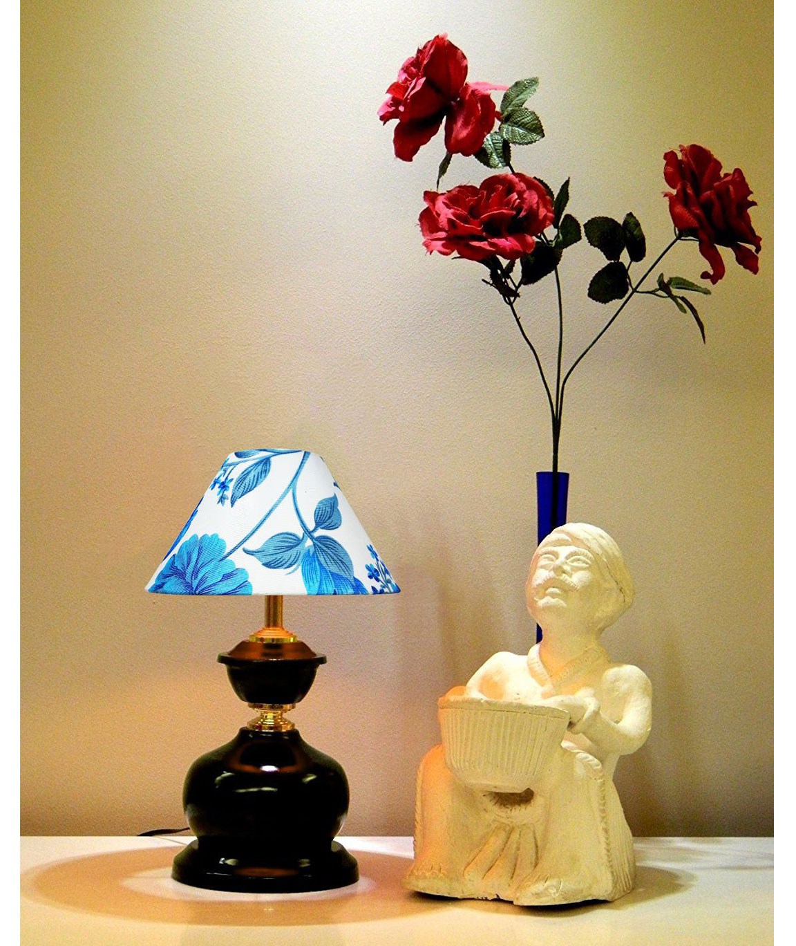 RDC Brown Designer Table Lamp with 10 Inches Round Blue White Floral Designer Lamp Shade