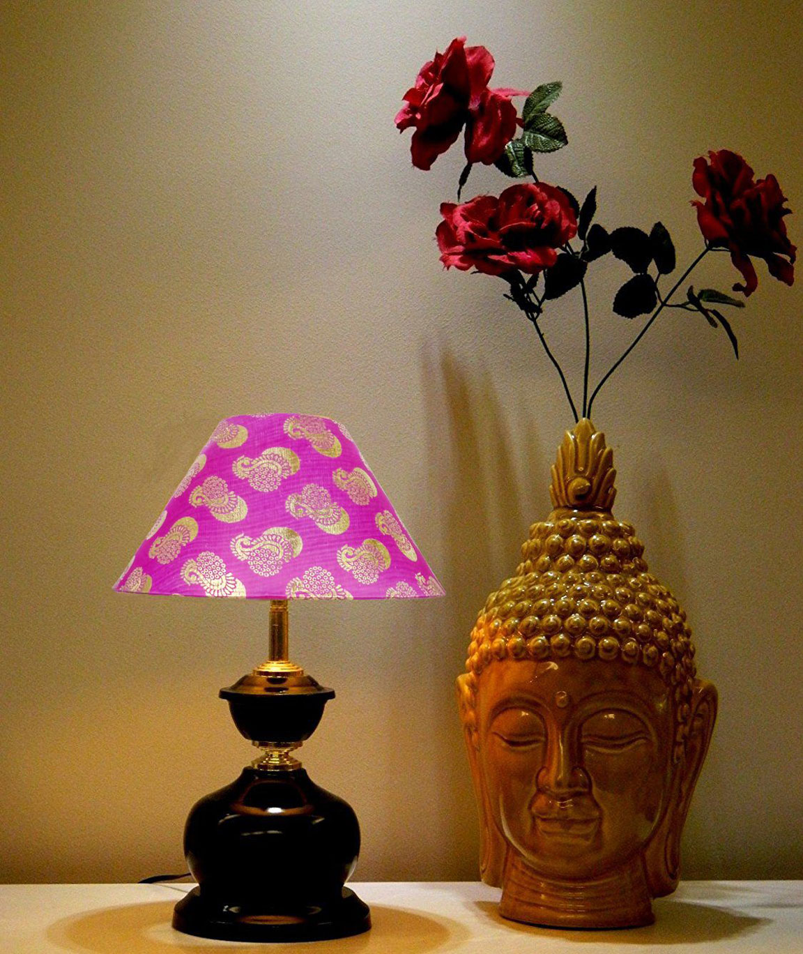 RDC Brown Designer Table Lamp with 10 Inches Round Pink with Golden Designer Lamp Shade