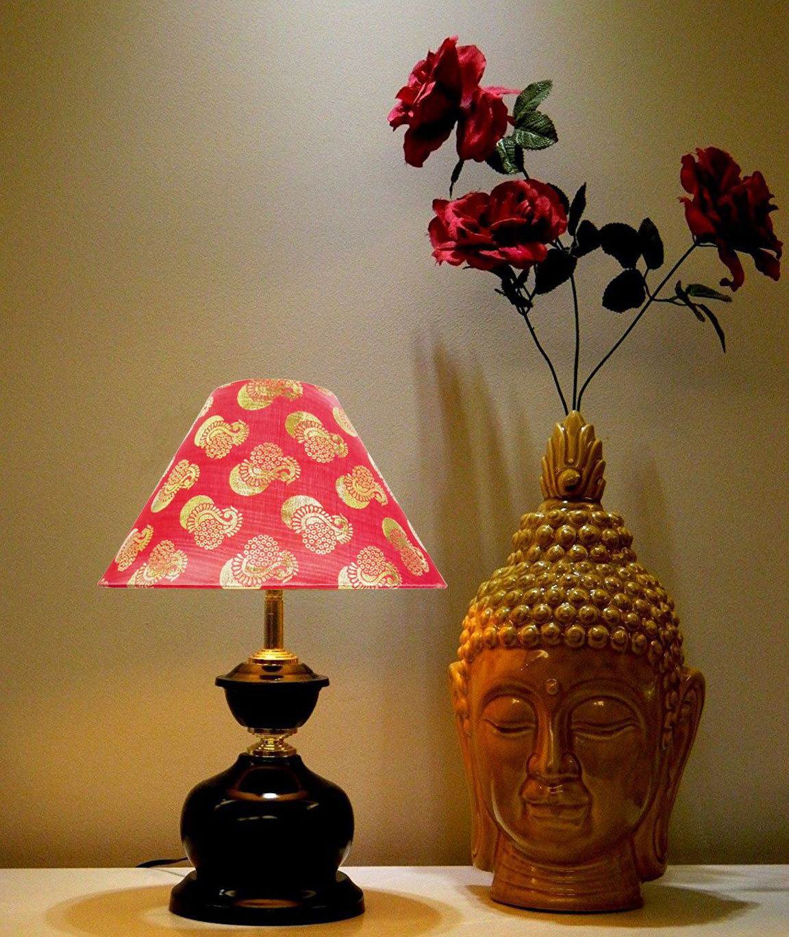 RDC Brown Designer Table Lamp with 10 Inches Round Red Golden Designer Lamp Shade