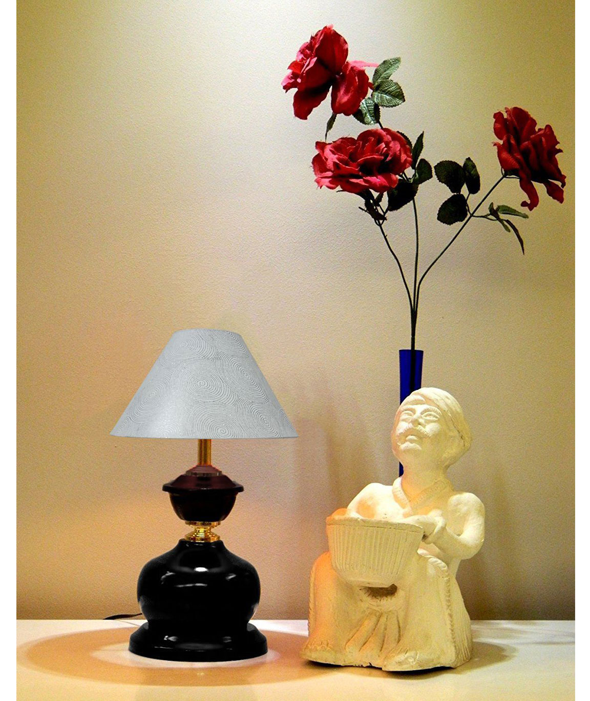 RDC Brown Designer Table Lamp with 10 Inches Round White Silver Polka Dots Designer Lamp Shade