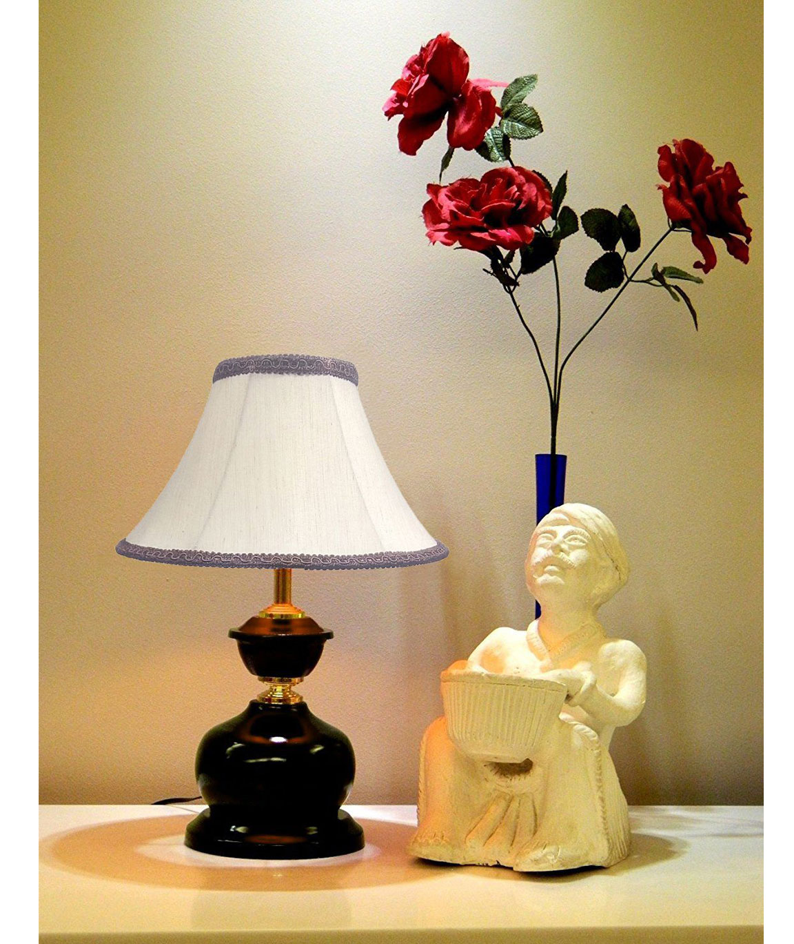 RDC Brown Designer Table Lamp with 12 Inches Round Slanting Cream-khadi with Brown Lace Border Lamp Shade