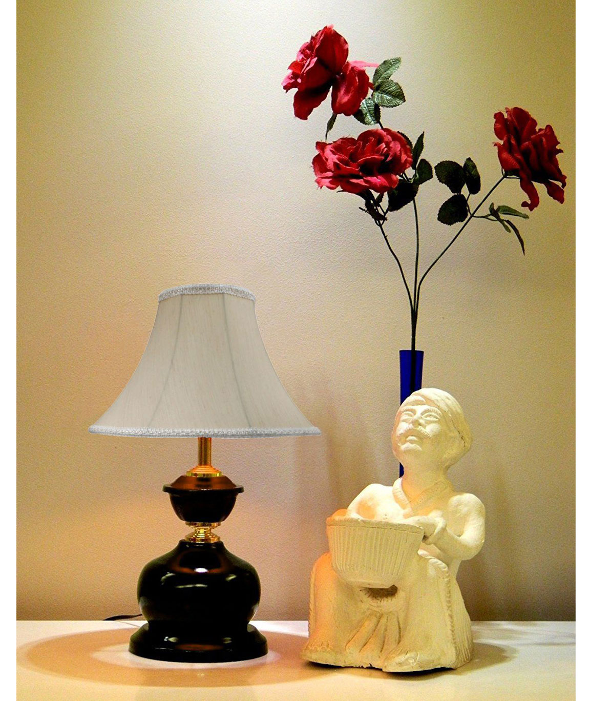 RDC Brown Designer Table Lamp with 12 Inches Round Slanting Cream-khadi with Lace Border Lamp Shade