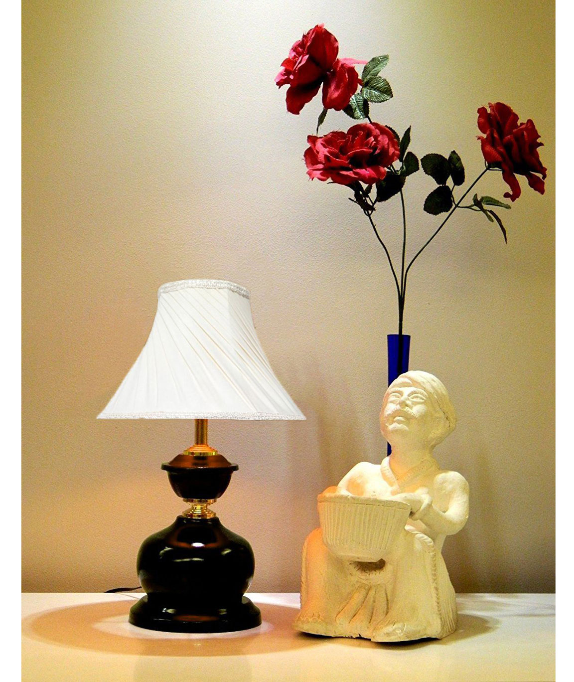 RDC Brown Designer Table Lamp with 12 Inches Round Slanting Pleated Cream with Lace Border Lamp Shade
