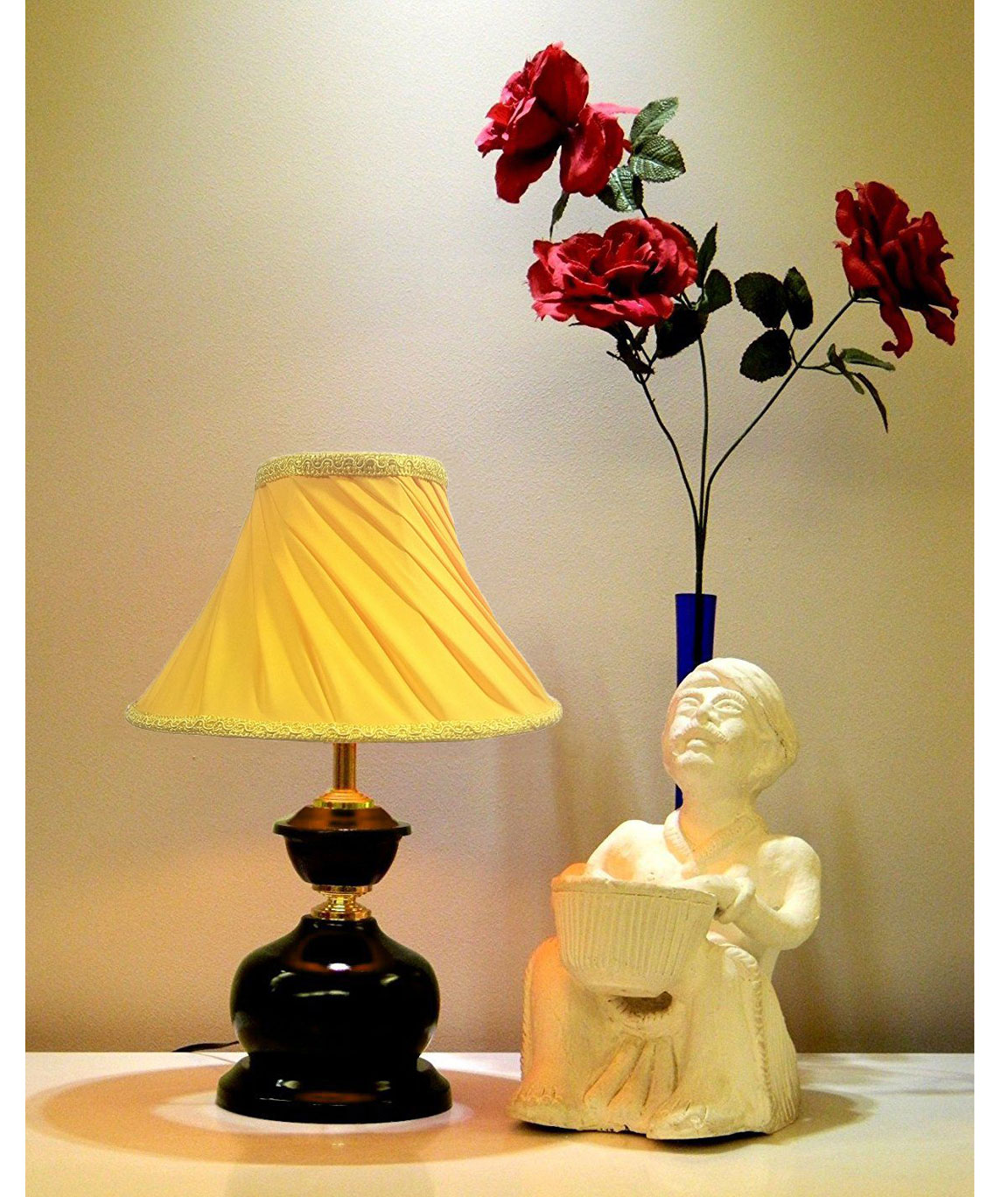 RDC Brown Designer Table Lamp with 12 Inches Round Slanting Pleated Yellow with Lace Border Lamp Shade