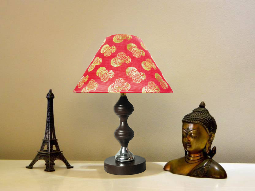 RDC Brown Silver Stand Table Lamp with 10 Inches Round Red Golden Designer Lamp Shade