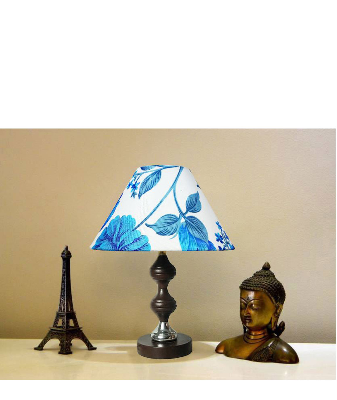 RDC Brown Silver Stand Table Lamp with 10 Inches Round Blue White Floral Designer Lamp Shade