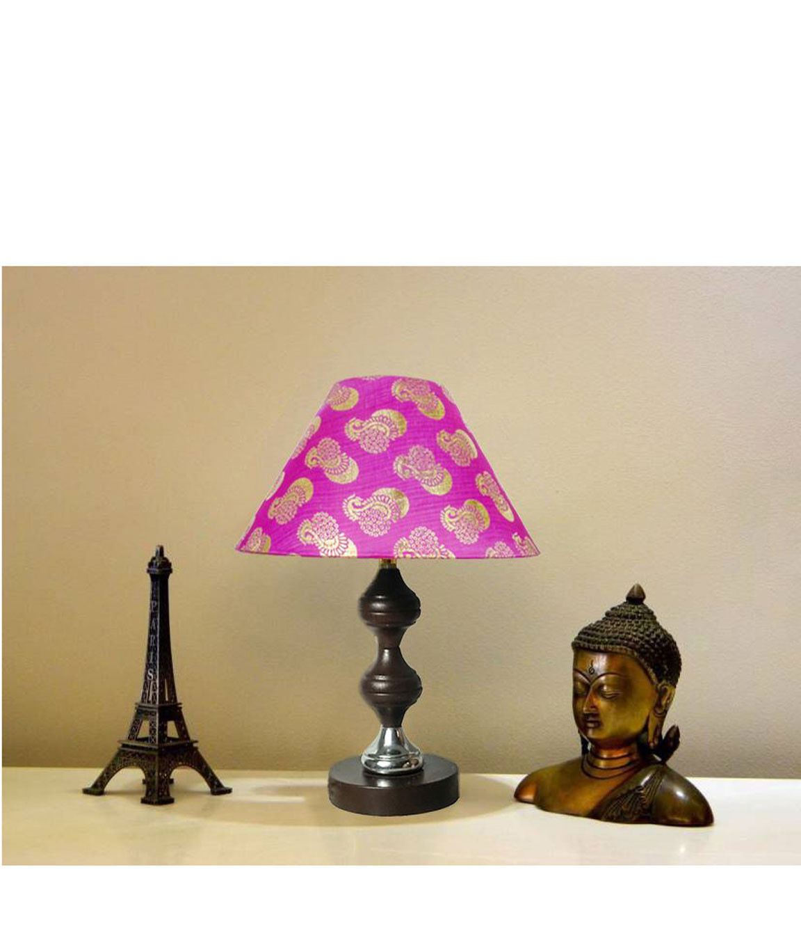 RDC Brown Silver Stand Table Lamp with 10 Inches Round Pink Golden Designer Lamp Shade