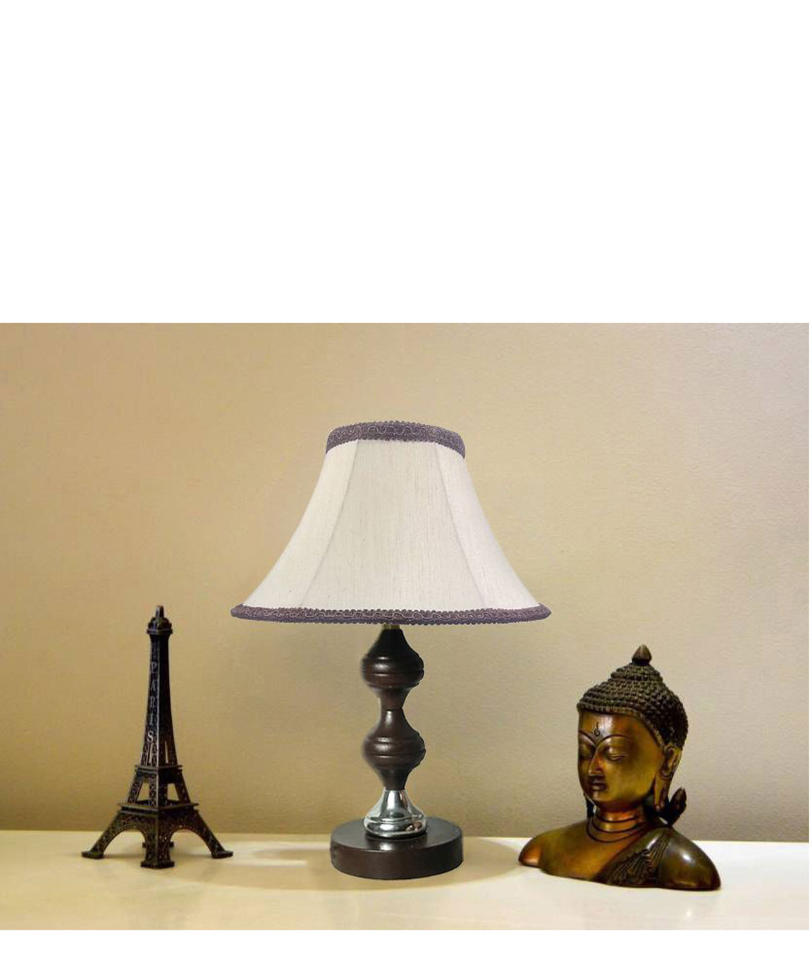 RDC Brown Silver Stand Table Lamp with 10 Inches Round Slanting Cream-khadi with Brown Lace Border Lamp Shade