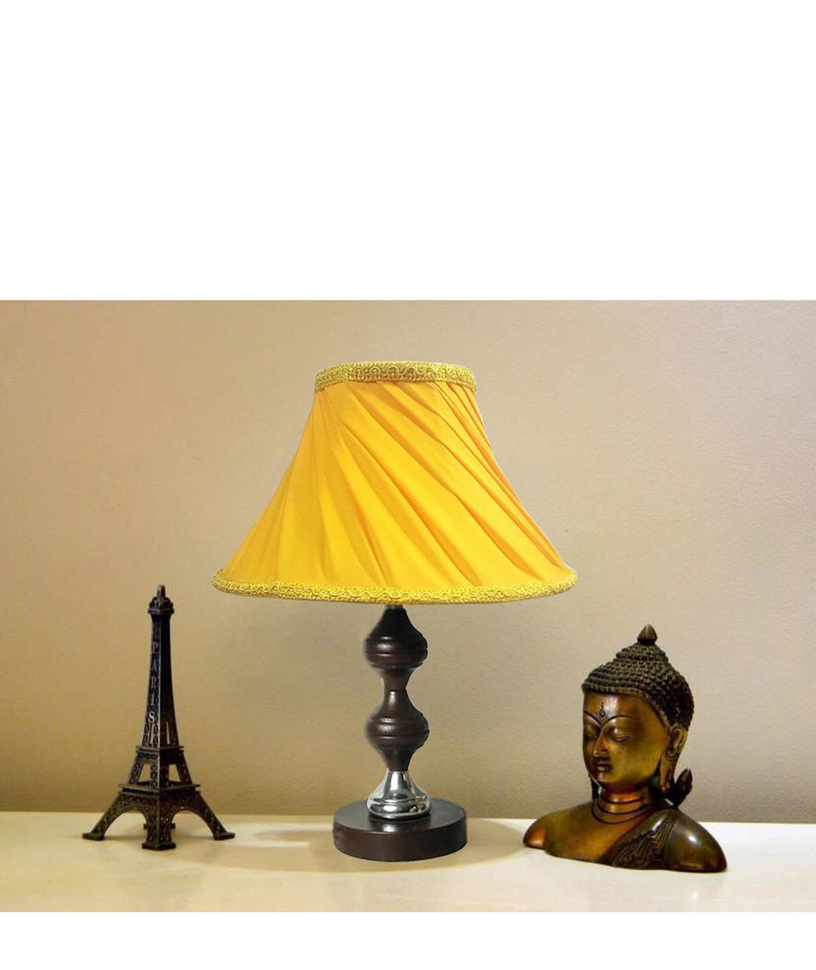 RDC Brown Silver Stand Table Lamp with 10 Inches Round Slanting Pleated Yellow with Lace Border Lamp Shade