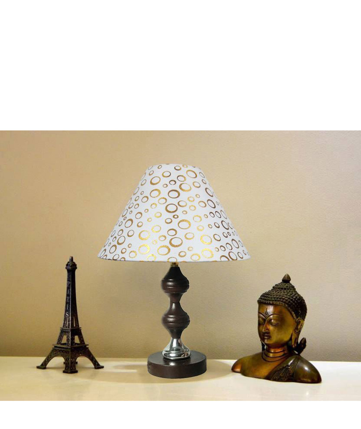 RDC Brown Silver Stand Table Lamp with 10 Inches Round White Golden Polka Dots Designer Lamp Shade