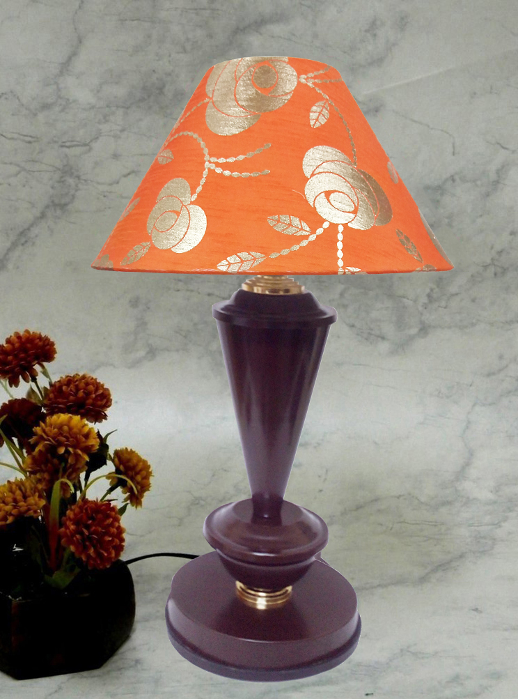 RDC Brown with Golden Base Table Lamp with 10 Inches Round Orange Golden Floral Designer Lamp Shade