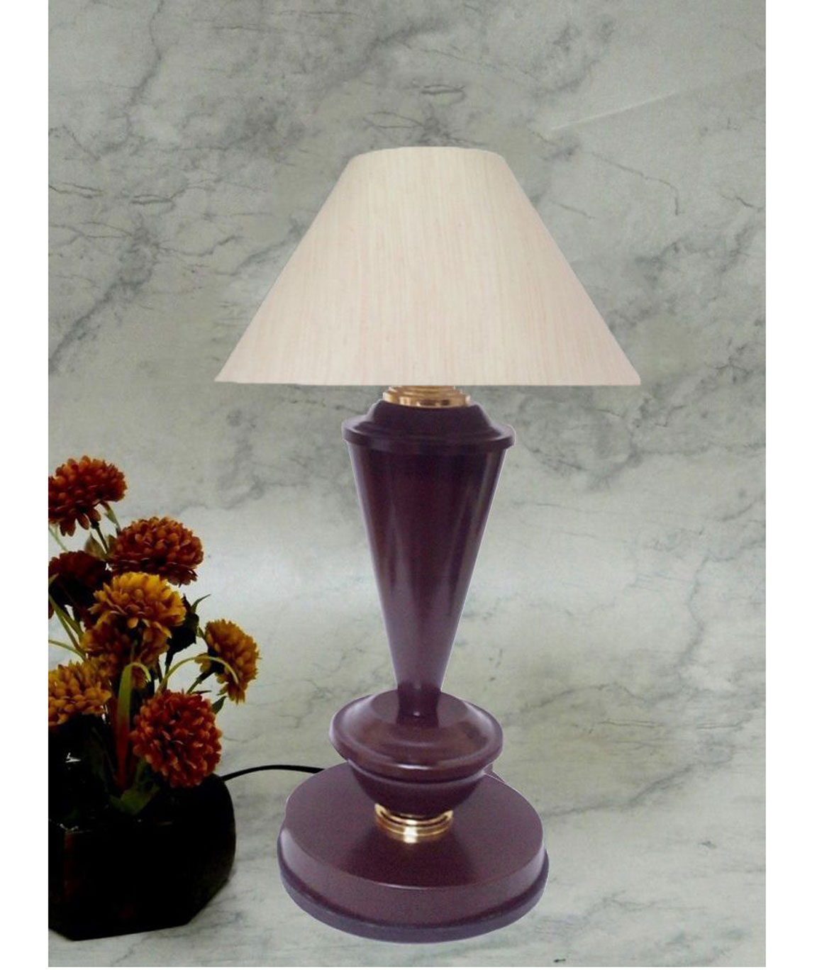 RDC Brown with Golden Base Table Lamp with 10 Inches Round Cream-khadi Lamp Shade