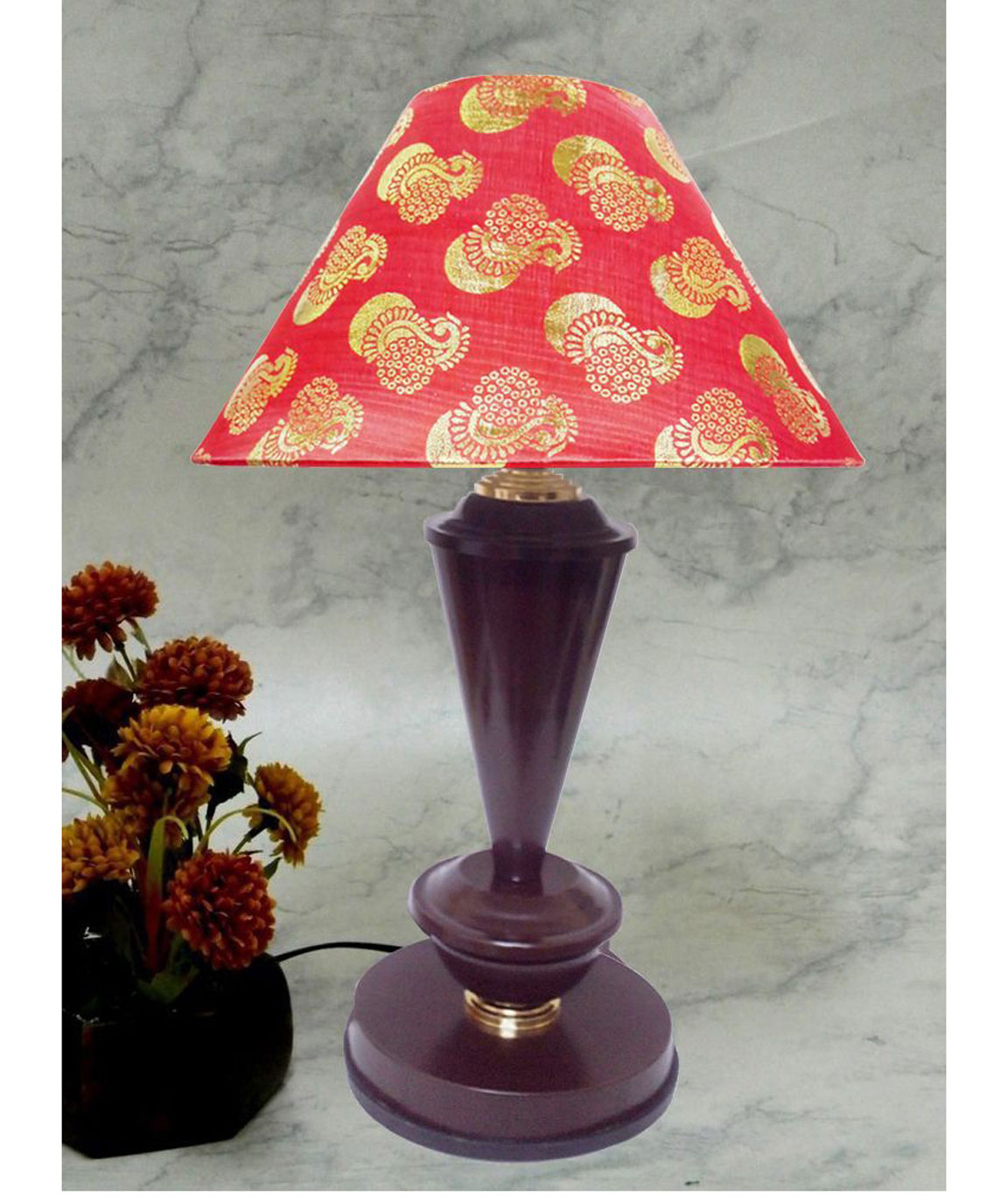 RDC Brown with Golden Base Table Lamp with 10 Inches Round Red Golden Designer Lamp Shade