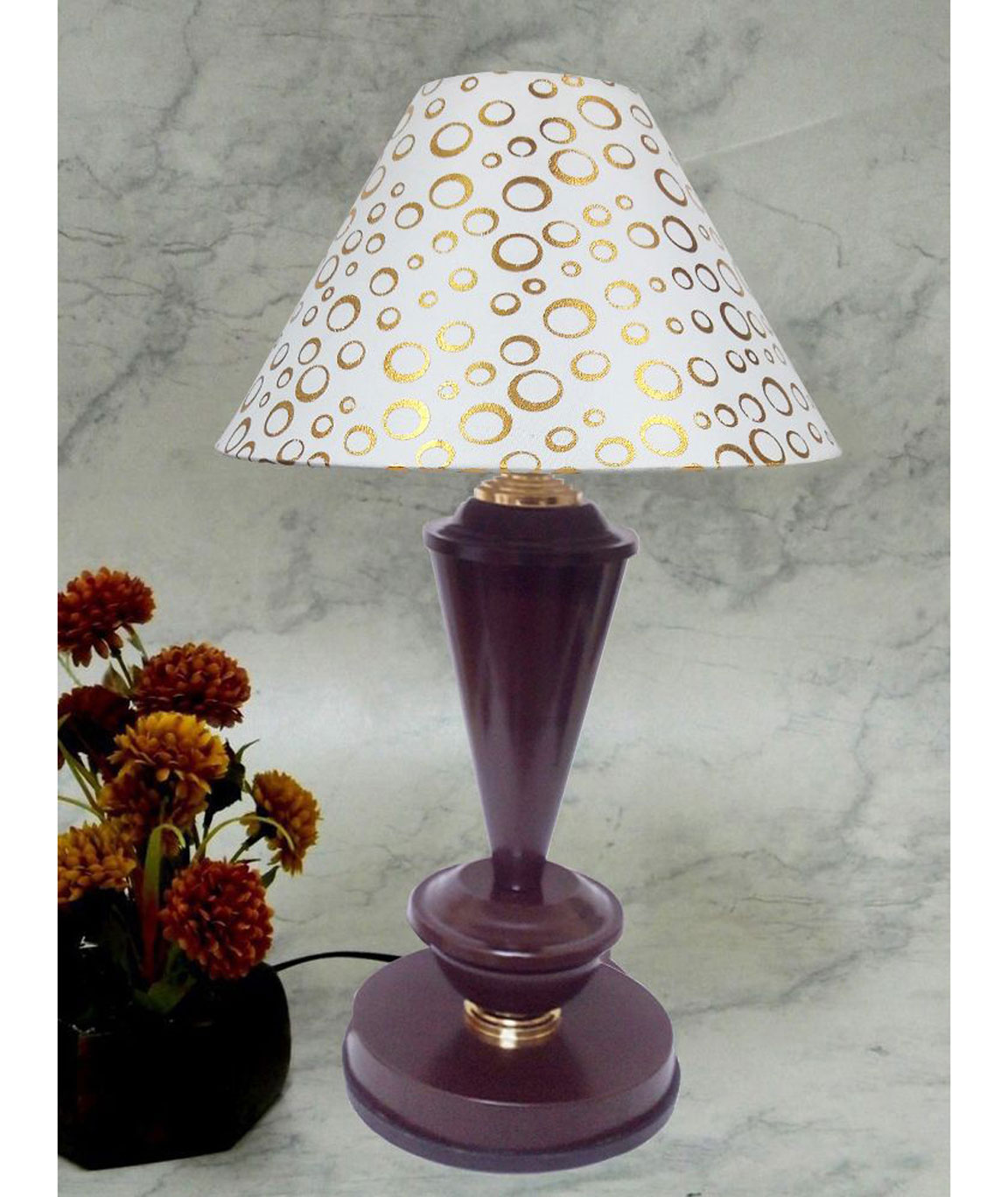 RDC Brown with Golden Base Table Lamp with 10 Inches Round White with Golden Polka Dots Designer Lamp Shade