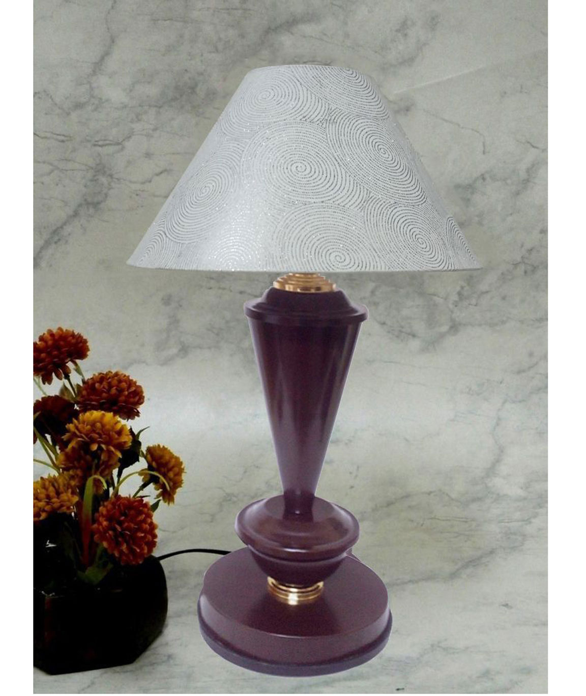 RDC Brown with Golden Base Table Lamp with 10 Inches Round White with Silver Polka Dots Designer Lamp Shade