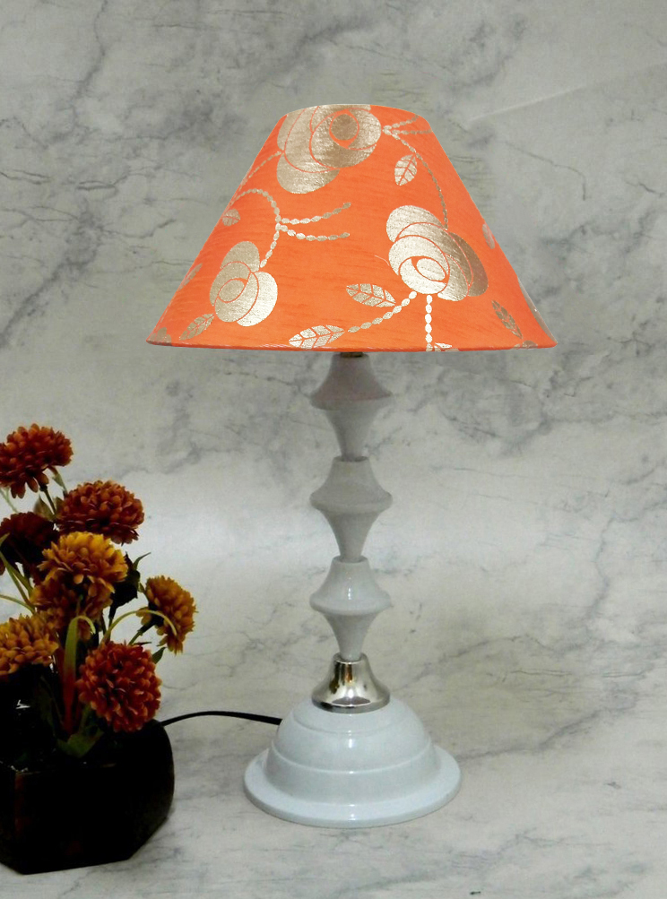 RDC White Silver Table Lamp with 10 Inches Round Orange Golden Floral Designer Lamp Shade