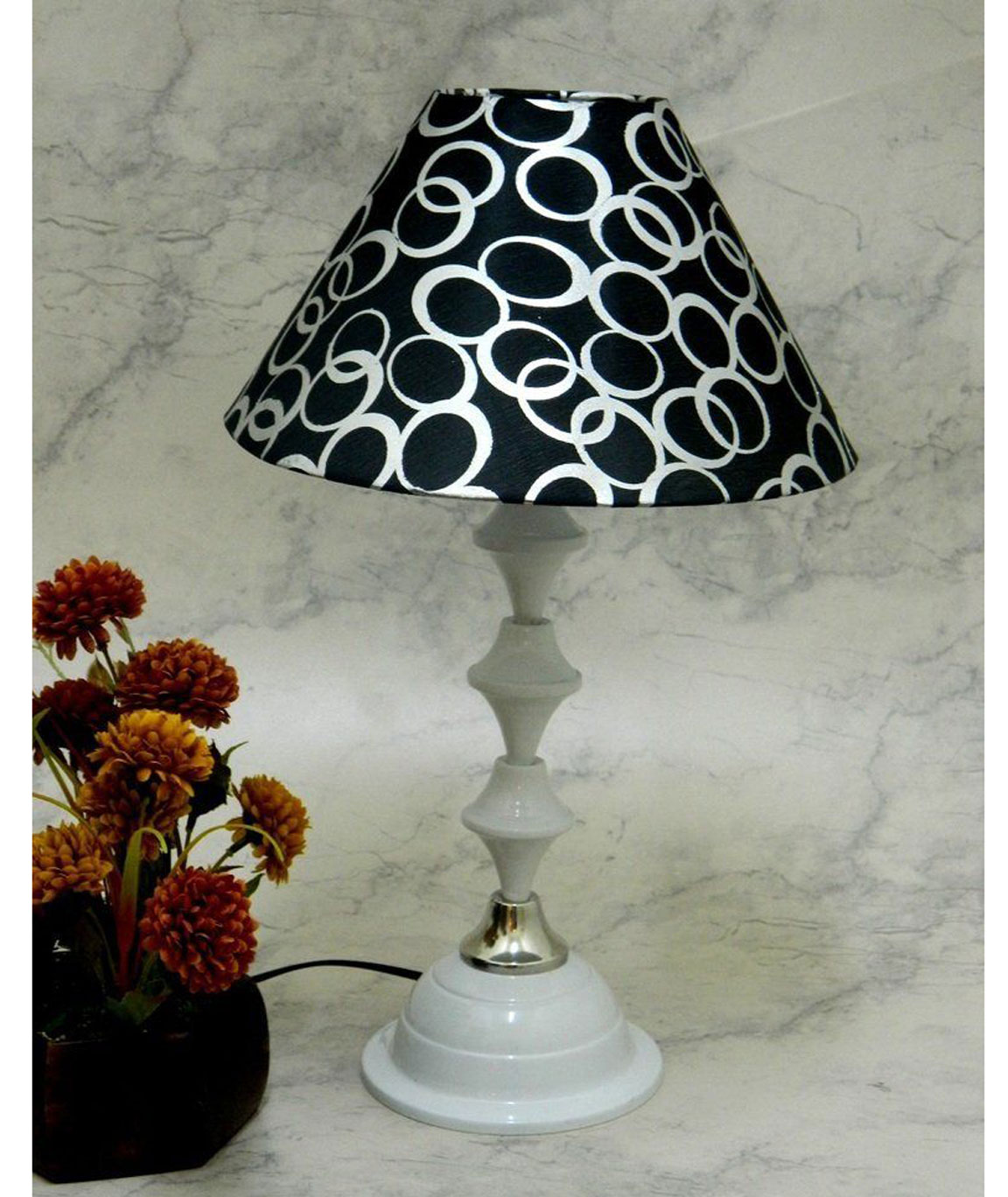 RDC White Silver Table Lamp with 10 Inches Round Black Silver Polka Dots Designer Lamp Shade