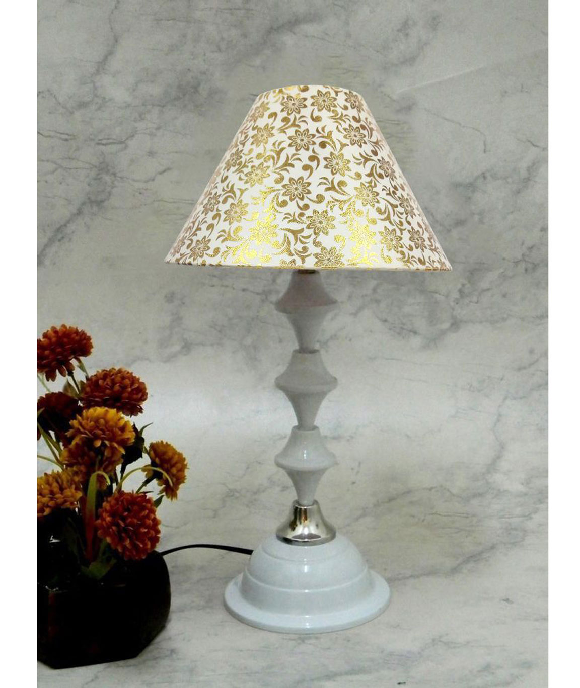 RDC White Silver Table Lamp with 10 Inches Round Cream Golden Design Lamp Shade
