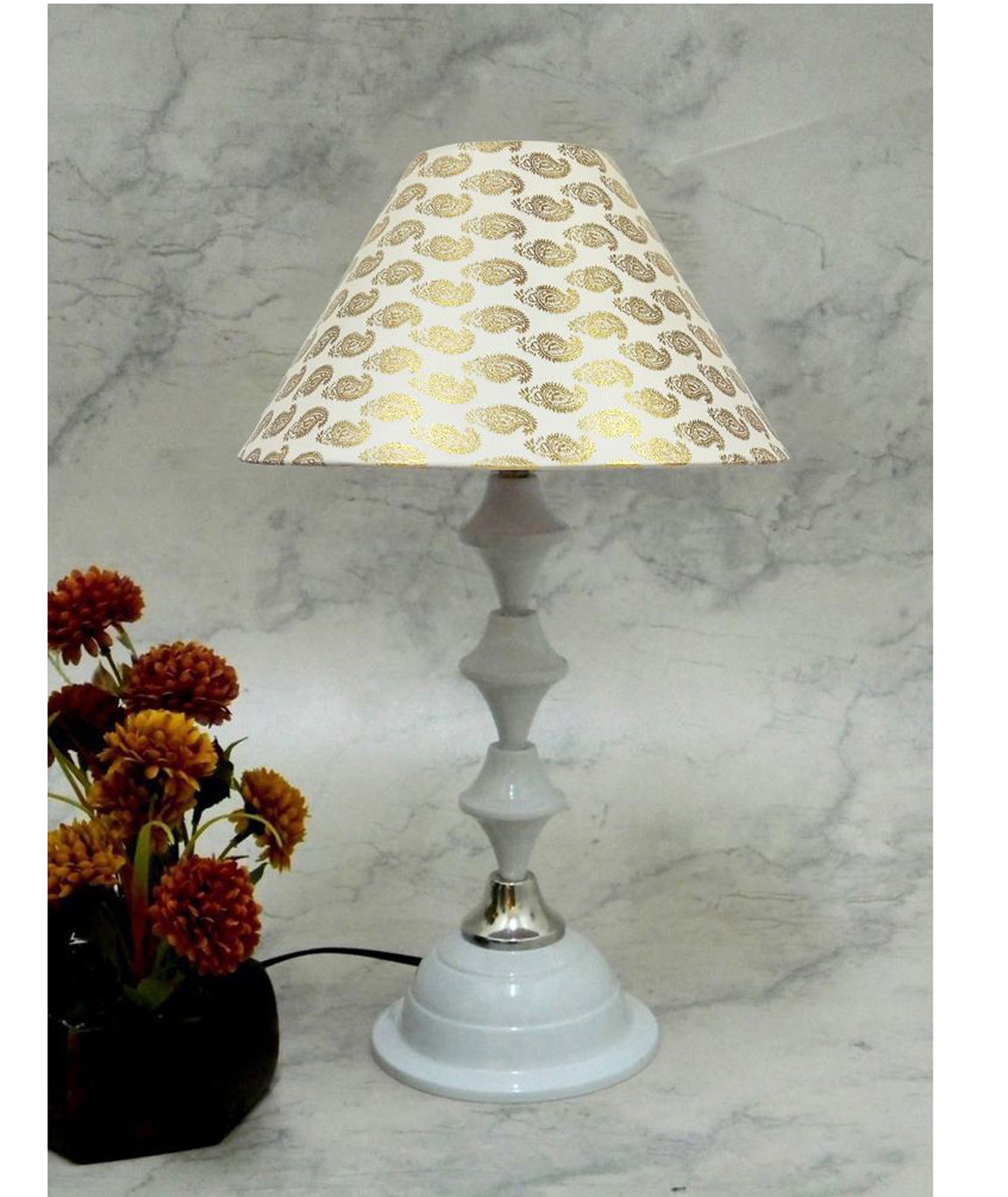 RDC White Silver Table Lamp with 10 Inches Round Cream Golden Designer Lamp Shade