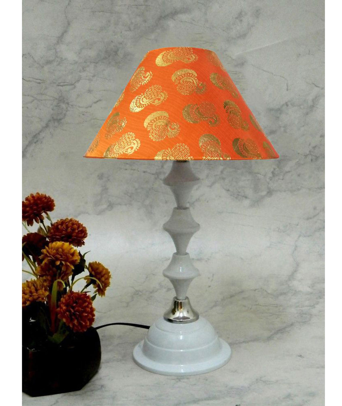 RDC White Silver Table Lamp with 10 Inches Round Orange Golden Design Lamp Shade