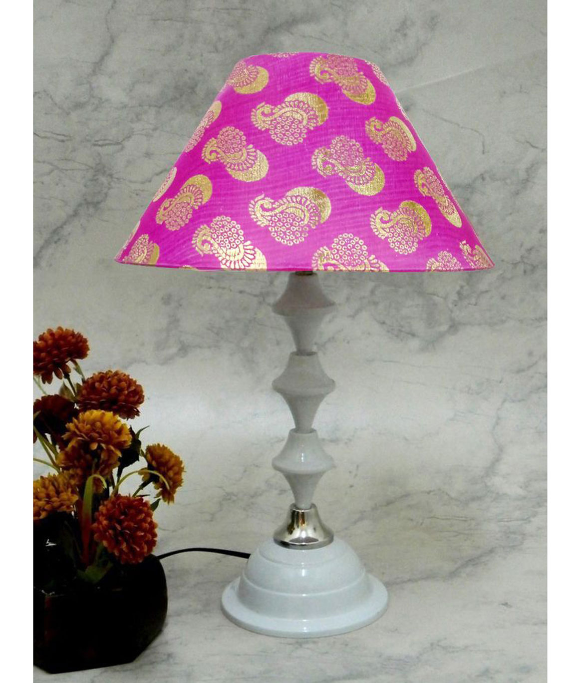 RDC White Silver Table Lamp with 10 Inches Round Pink Golden Designer Lamp Shade