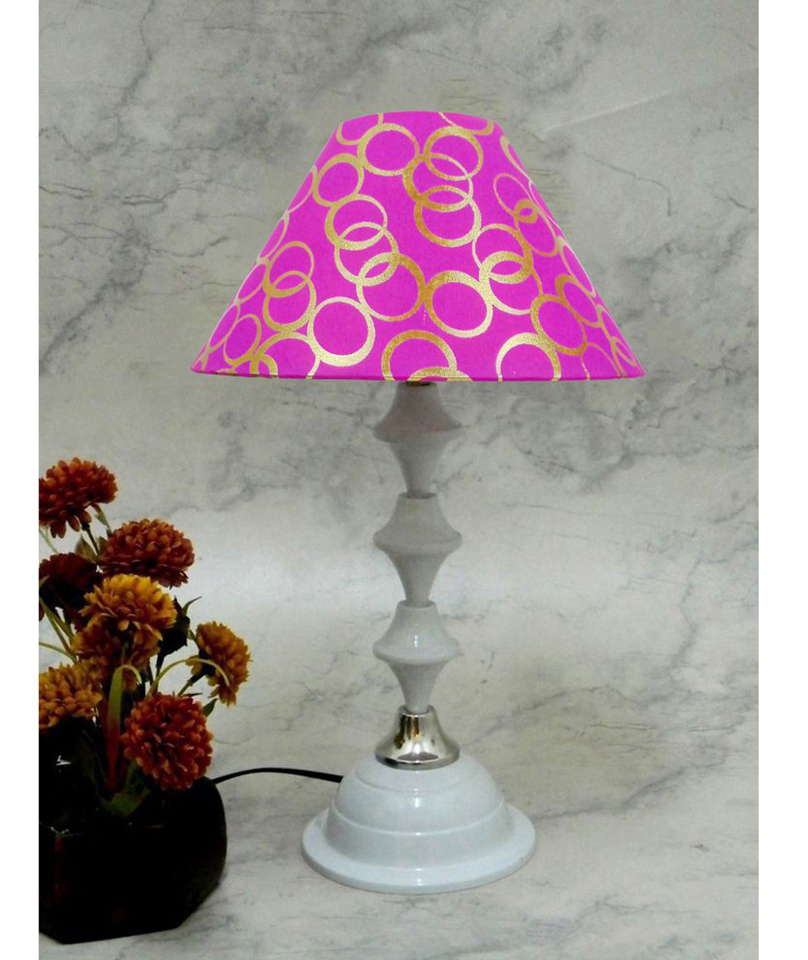 RDC White Silver Table Lamp with 10 Inches Round Pink Golden Polka Dots Designer Lamp Shade